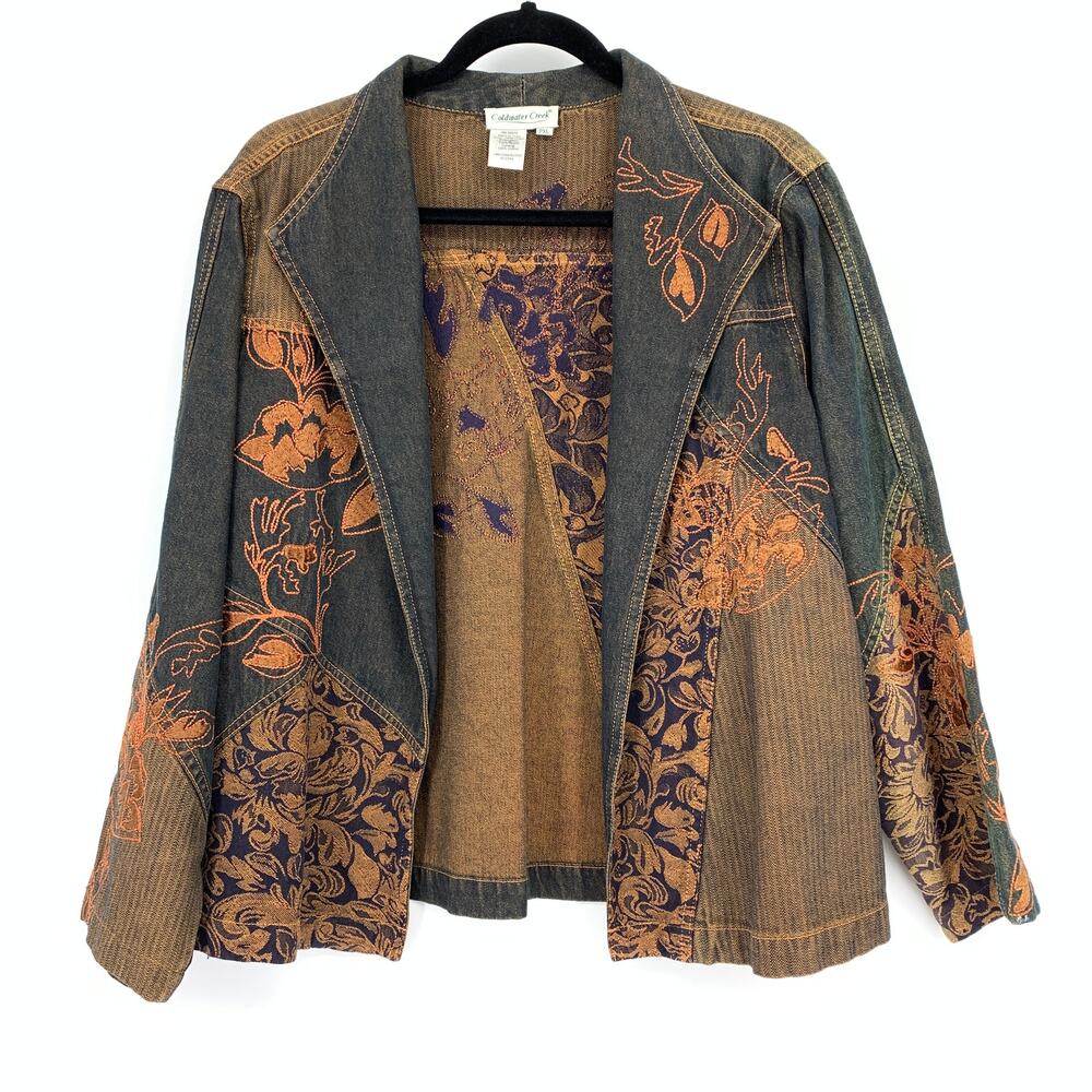 Coldwater Creek Open Front Denim Jacket Womens S PXL Embroidered Floral Print